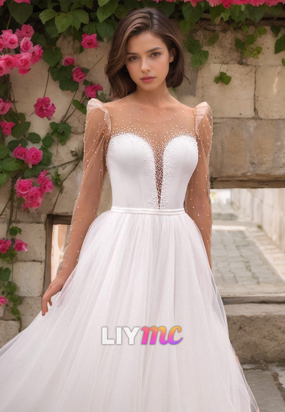 V-Neck Long Sleeves Beaded Tulle A-Line Wedding Dress