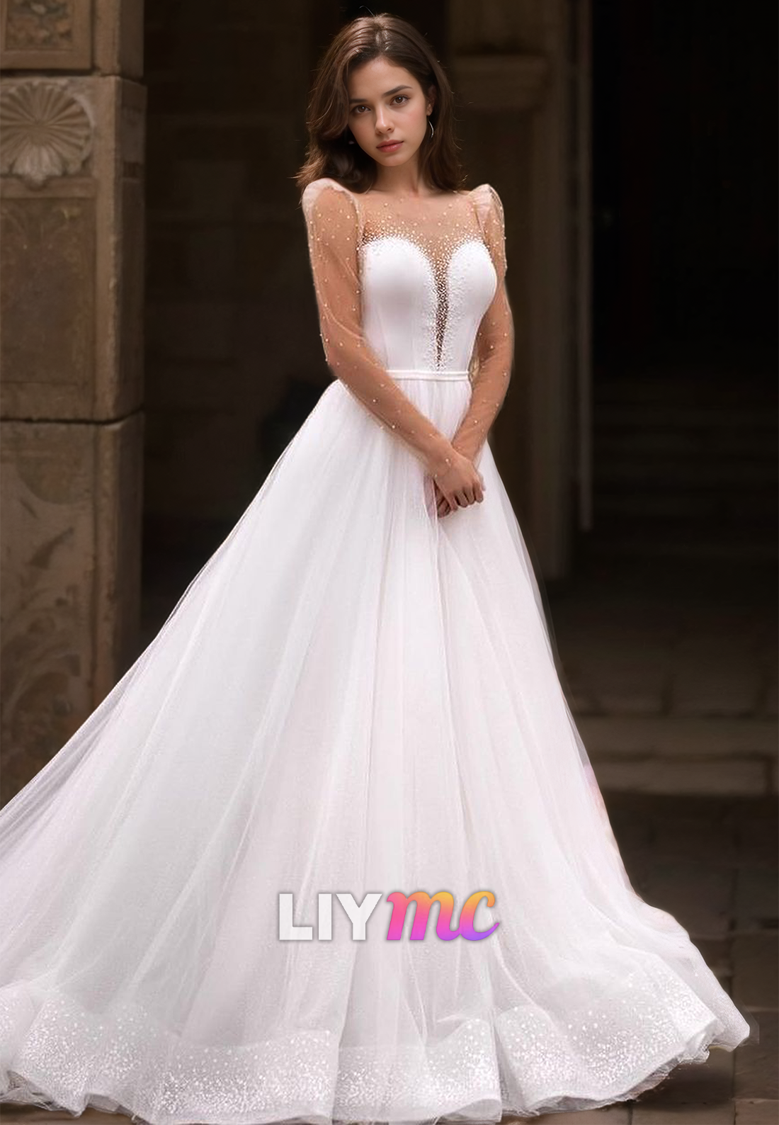 V-Neck Long Sleeves Beaded Tulle A-Line Wedding Dress