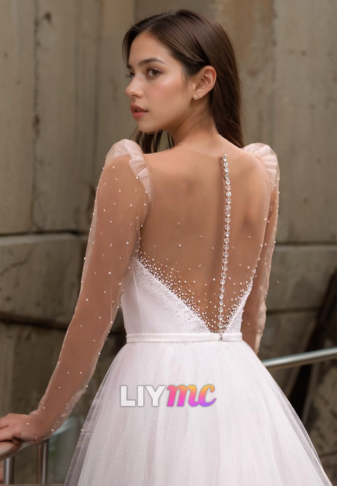 V-Neck Long Sleeves Beaded Tulle A-Line Wedding Dress