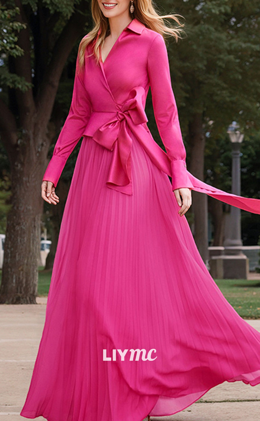 M1127 - V-Neck Long Sleeves Bowknots A-Line Pleated Mother of Bride Wedding Guest Dress