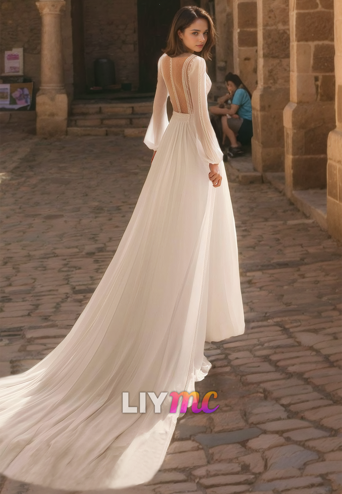 V-Neck Long Sleeves Chiffon A-Line Boho Wedding Dress