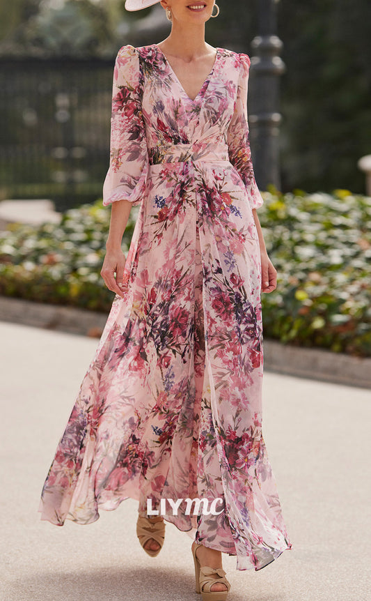 M1190 - V-Neck Long Sleeves Chiffon A-Line Floral Mother of Bride Cocktail Dress