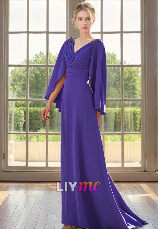 V-Neck Long Sleeves Chiffon A-Line Mother of Bride Dress Cocktail Dress