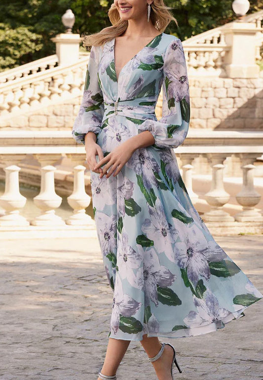 V-Neck Long Sleeves Chiffon Floral A-Line Mother of Bride Dress