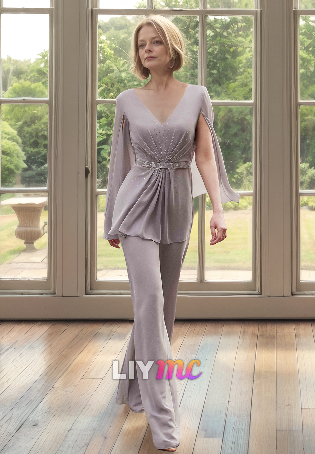 V-Neck Long Sleeves Chiffon Jumpsuit Mother of Bride Dress