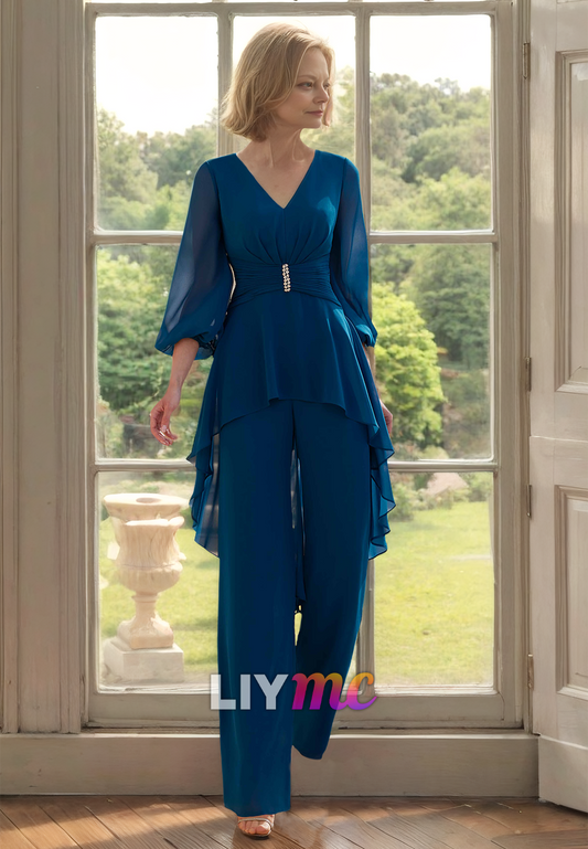 V-Neck Long Sleeves Chiffon Jumpsuit Mother of Bride Dress