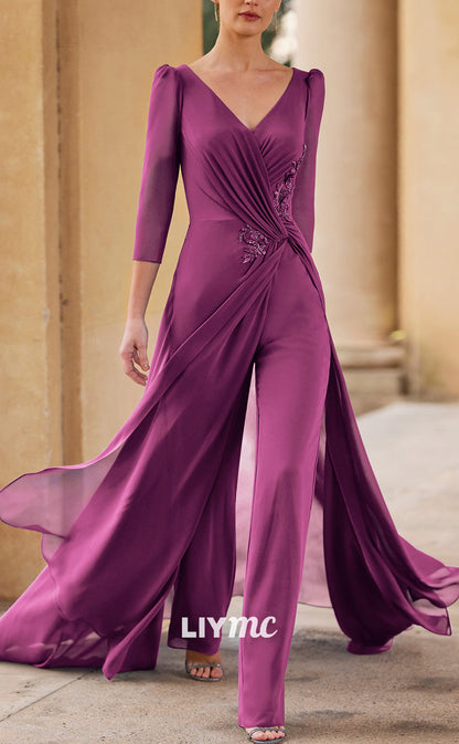 M1180 V-Neck Long Sleeves Chiffon Jumpsuit Ruched Mother of