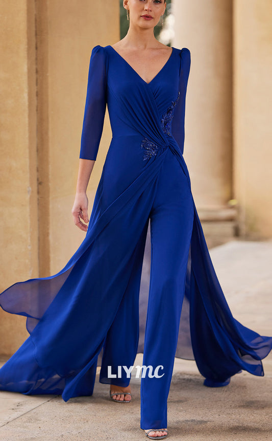 M1180 - V-Neck Long Sleeves Chiffon Jumpsuit Ruched Mother of Bride Dress Cocktail Dress