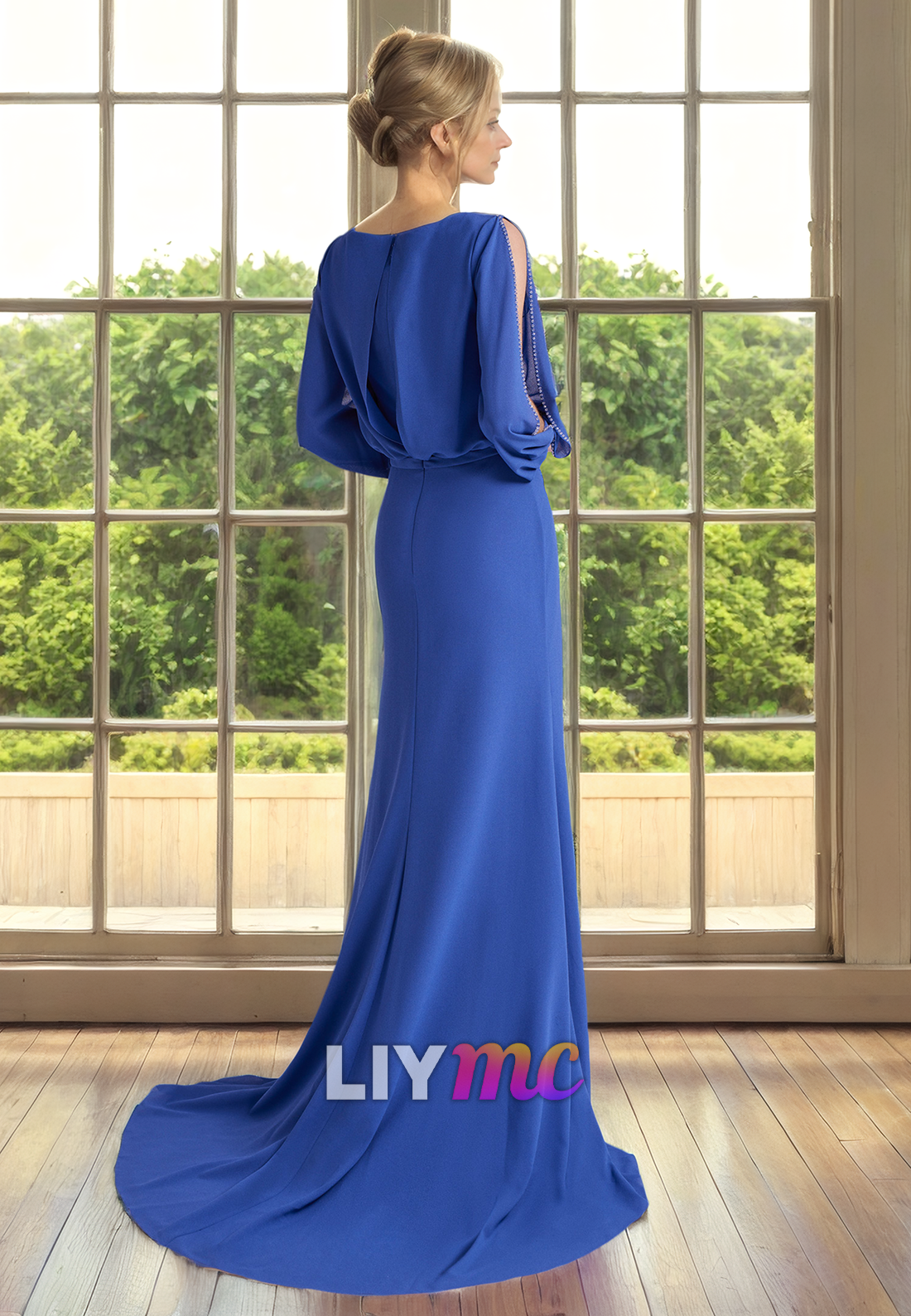 V-Neck Long Sleeves Chiffon Long Mother of Bride Dress Cocktail Dress