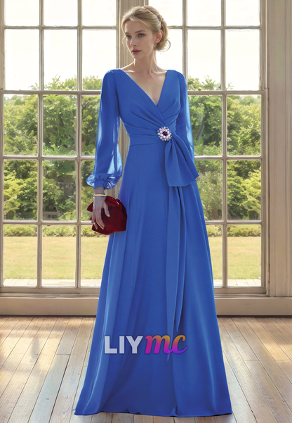 V-Neck Long Sleeves Chiffon Pleated A-Line Mother of Bride Dress Cocktail Dress