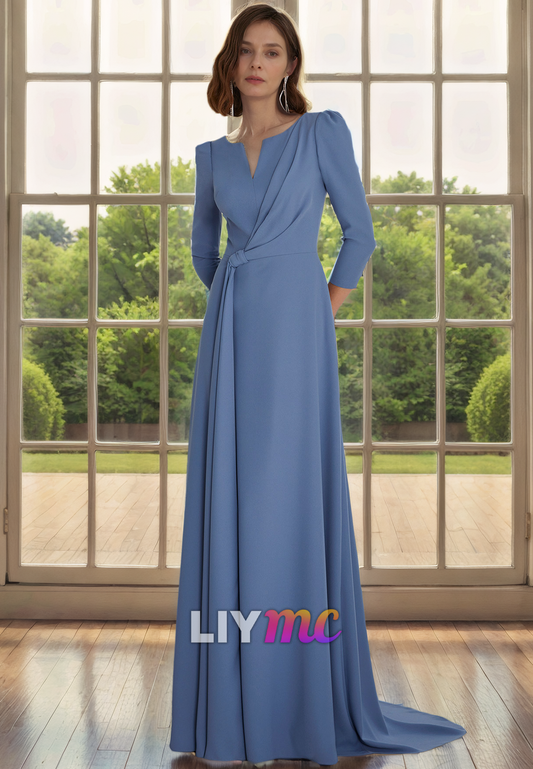 V-Neck Long Sleeves Chiffon Pleated A-Line Mother of Bride Dress Cocktail Dress