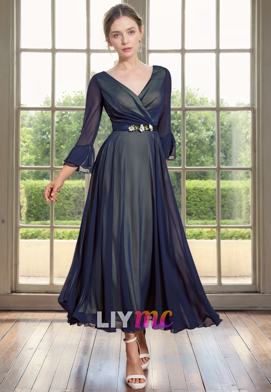 V-Neck Long Sleeves Chiffon Pleated A-Line Mother of Bride Dress Cocktail Dress