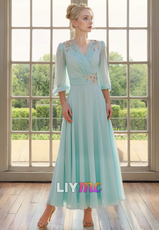 V-Neck Long Sleeves Chiffon Pleated A-Line Mother of Bride Dress Cocktail Dress