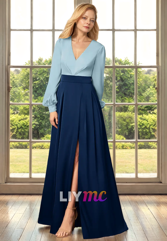 V-Neck Long Sleeves Chiffon Pleated A-Line Mother of Bride Dress