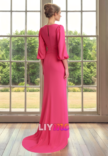 V-Neck Long Sleeves Chiffon Ruched Long Mother of Bride Dress Cocktail Dress