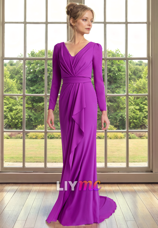 V-Neck Long Sleeves Chiffon Ruffled Long Mother of Bride Dress Cocktail Dress