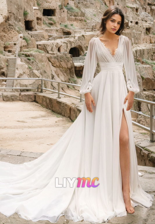 V-Neck Long Sleeves Chiffon Side Slit A-Line Beach Wedding Dress