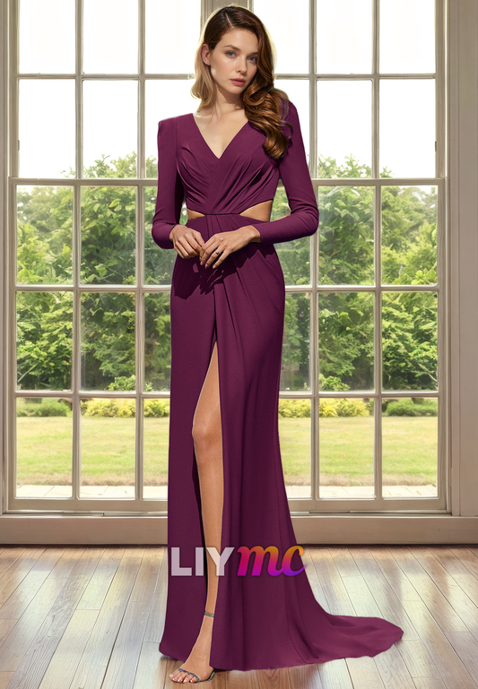 M1302 - V-Neck Long Sleeves Cut Outs Sleek Satin High Slit Mother of Bride Dress Cocktail Dress