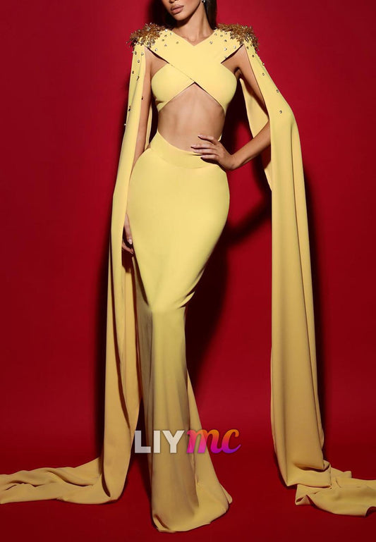 V-Neck Long Sleeves Cut Out Mermaid Evening Dress