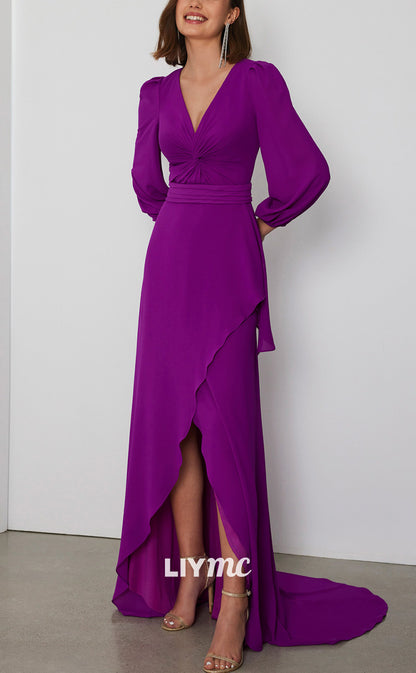 M1236 - V-Neck Long Sleeves Cut Outs Ruched Chiffon Mother of Bride Dress Cocktail Dress