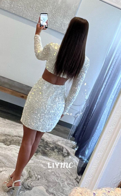 LY074 - V-Neck Long Sleeves Cut Outs Sequins Sheath Short Homecoming Dress