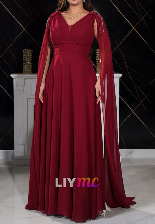 V-Neck Long Sleeves Empire Waist Pleated A-Line Mother of Bride Dress