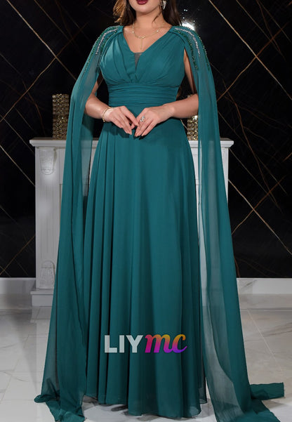 V-Neck Long Sleeves Empire Waist Pleated A-Line Mother of Bride Dress