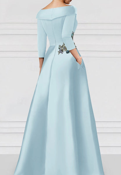 V-Neck Long Sleeves Floral Appliques A-Line Mother of Bride Dress