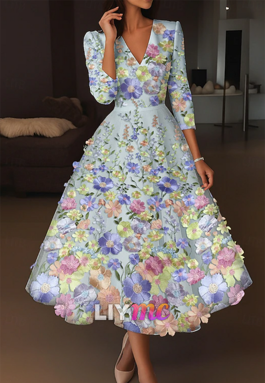 V-Neck  Long Sleeves Floral Appliques A-Line Mother of Bride Dress