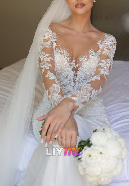 V-Neck Long Sleeves Floral Appliques Mermaid Wedding Dress