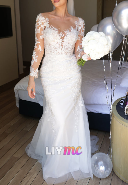 V-Neck Long Sleeves Floral Appliques Mermaid Wedding Dress