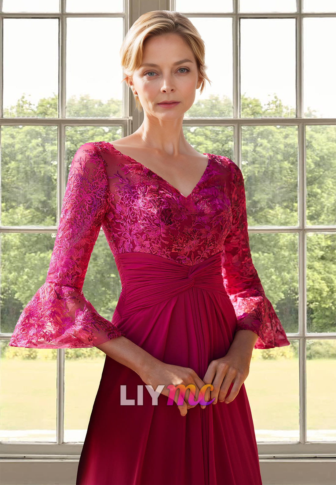 V-Neck Long Sleeves Floral Appliques Pleated  Chiffon A-Line Mother of Bride Dress