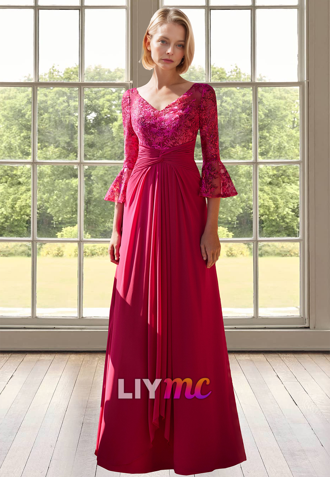 V-Neck Long Sleeves Floral Appliques Pleated  Chiffon A-Line Mother of Bride Dress