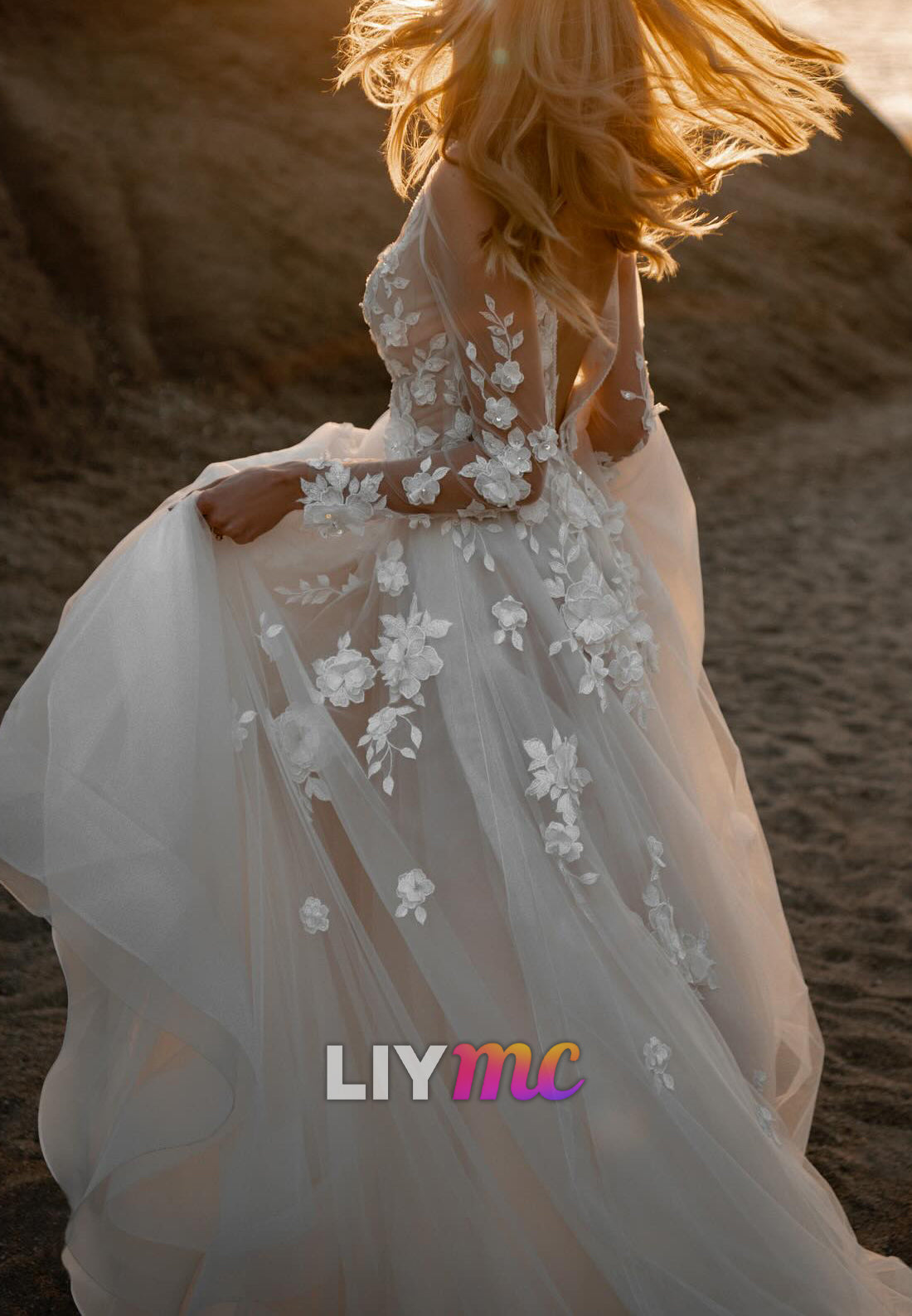 V-Neck Long Sleeves Floral Embellished A-Line Wedding Dress