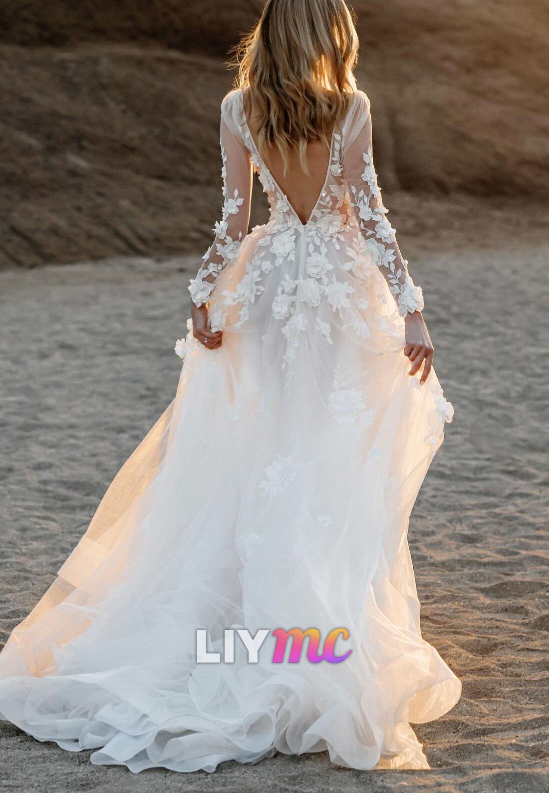 V-Neck Long Sleeves Floral Embellished A-Line Wedding Dress