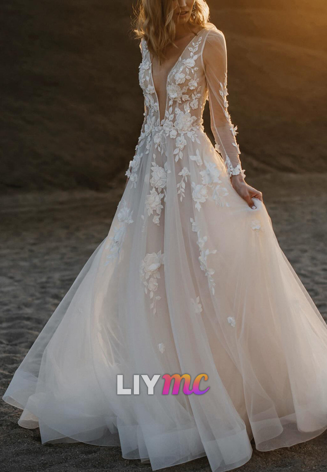 V-Neck Long Sleeves Floral Embellished A-Line Wedding Dress