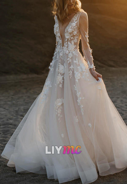 V-Neck Long Sleeves Floral Embellished A-Line Wedding Dress