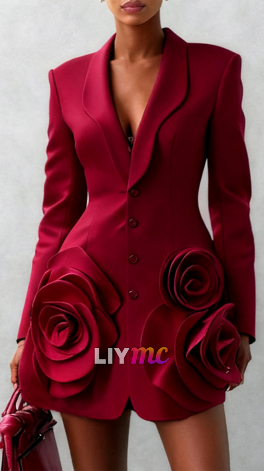 V-Neck Long Sleeves Floral Embellished Blazer Dress