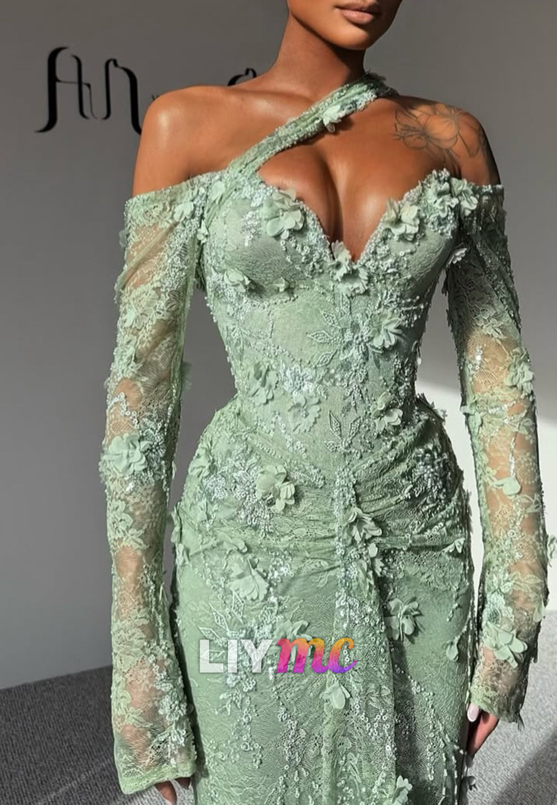 V-Neck Long Sleeves Floral Embellished Mermaid Prom Dress