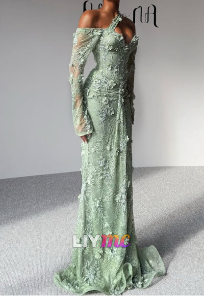 V-Neck Long Sleeves Floral Embellished Mermaid Prom Dress