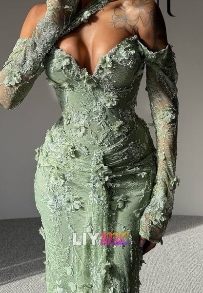 V-Neck Long Sleeves Floral Embellished Mermaid Prom Dress