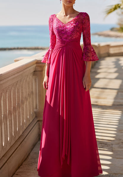 V-Neck Long Sleeves Floral Pleated A-Line Mother of Bride Dress