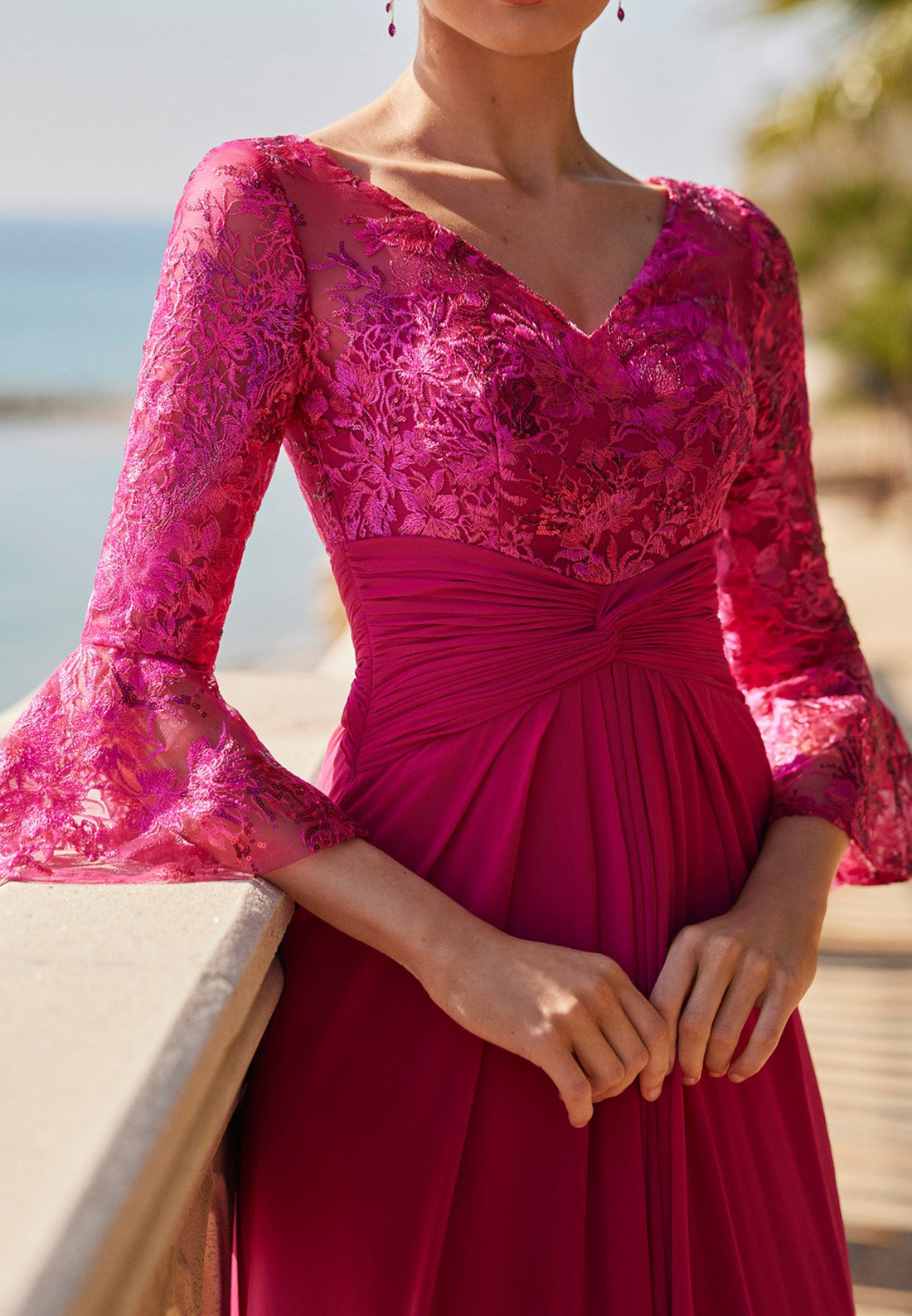 V-Neck Long Sleeves Floral Pleated A-Line Mother of Bride Dress