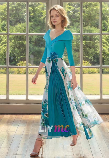 M1063 - Wedding Guest Elegant Elegant Dress V Neck Ankle Length Chiffon Stretch Fabric 34 Length Sleeve