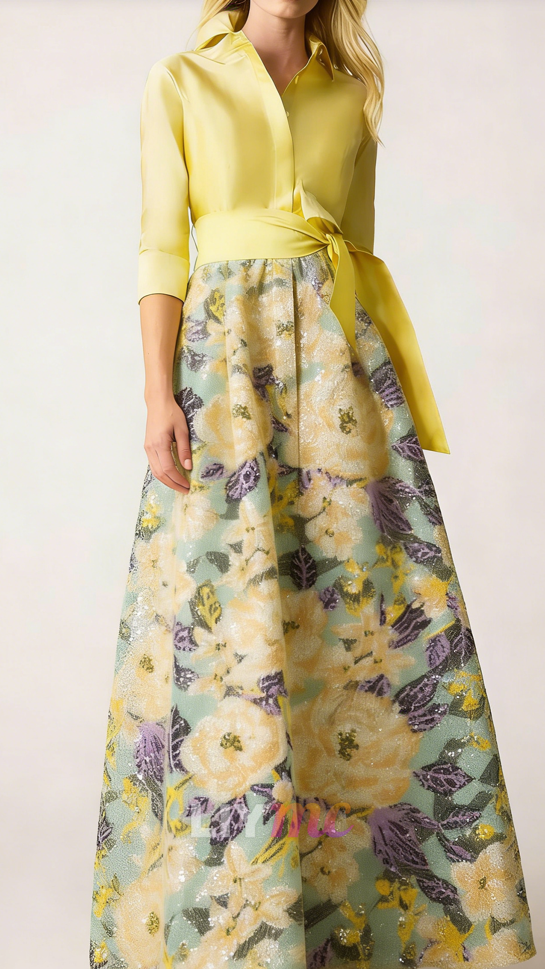 V-Neck Long Sleeves Floral Printed A-Line Mother of Bride Dress