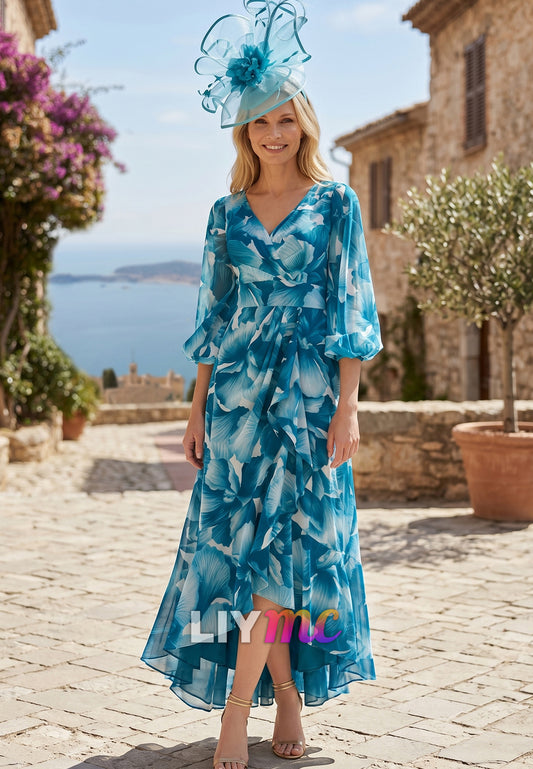 V-Neck Long Sleeves Floral Printed A-Line Mother of Bride Dress