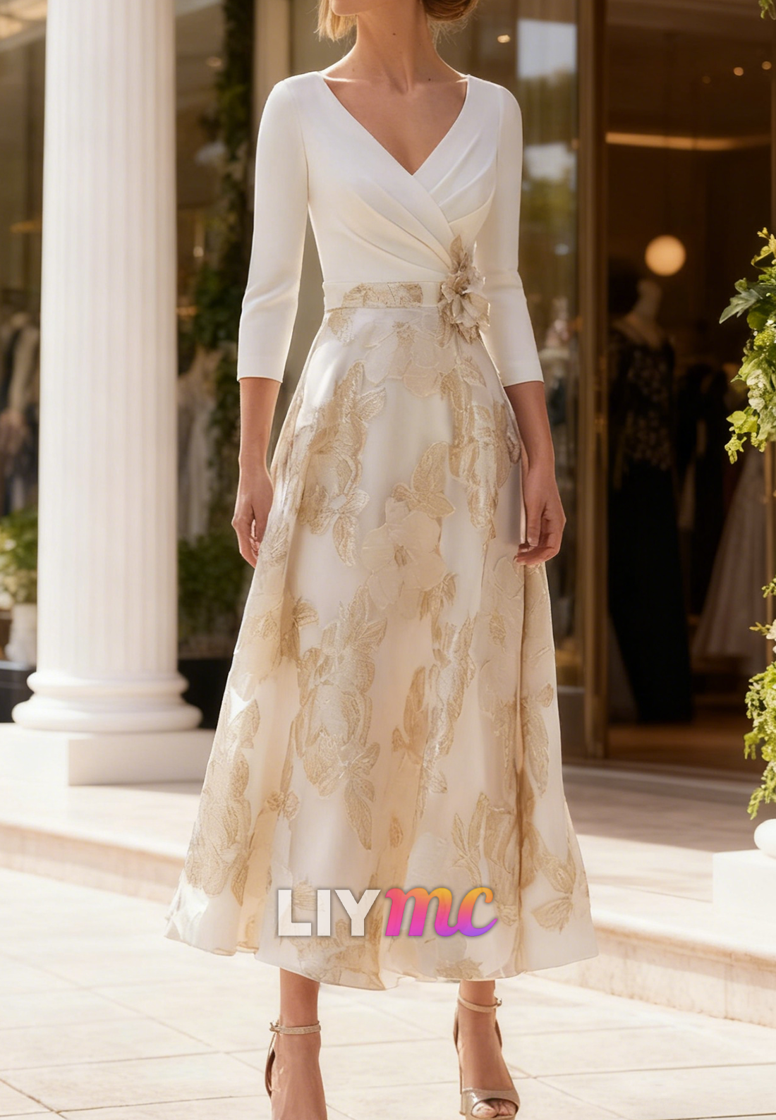 V-Neck Long Sleeves Floral Printed A-Line Mother of Bride Dress