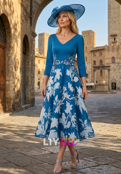 V-Neck Long Sleeves Floral Printed A-Line Mother of Bride Dress