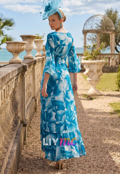 V-Neck Long Sleeves Floral Printed A-Line Mother of Bride Dress