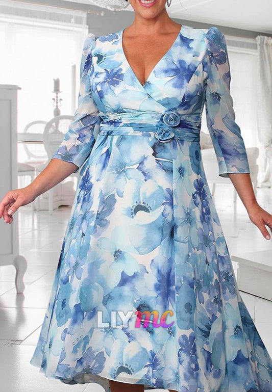 V-Neck Long Sleeves Floral Printed Chiffon A-Line Mother of Bride Dress